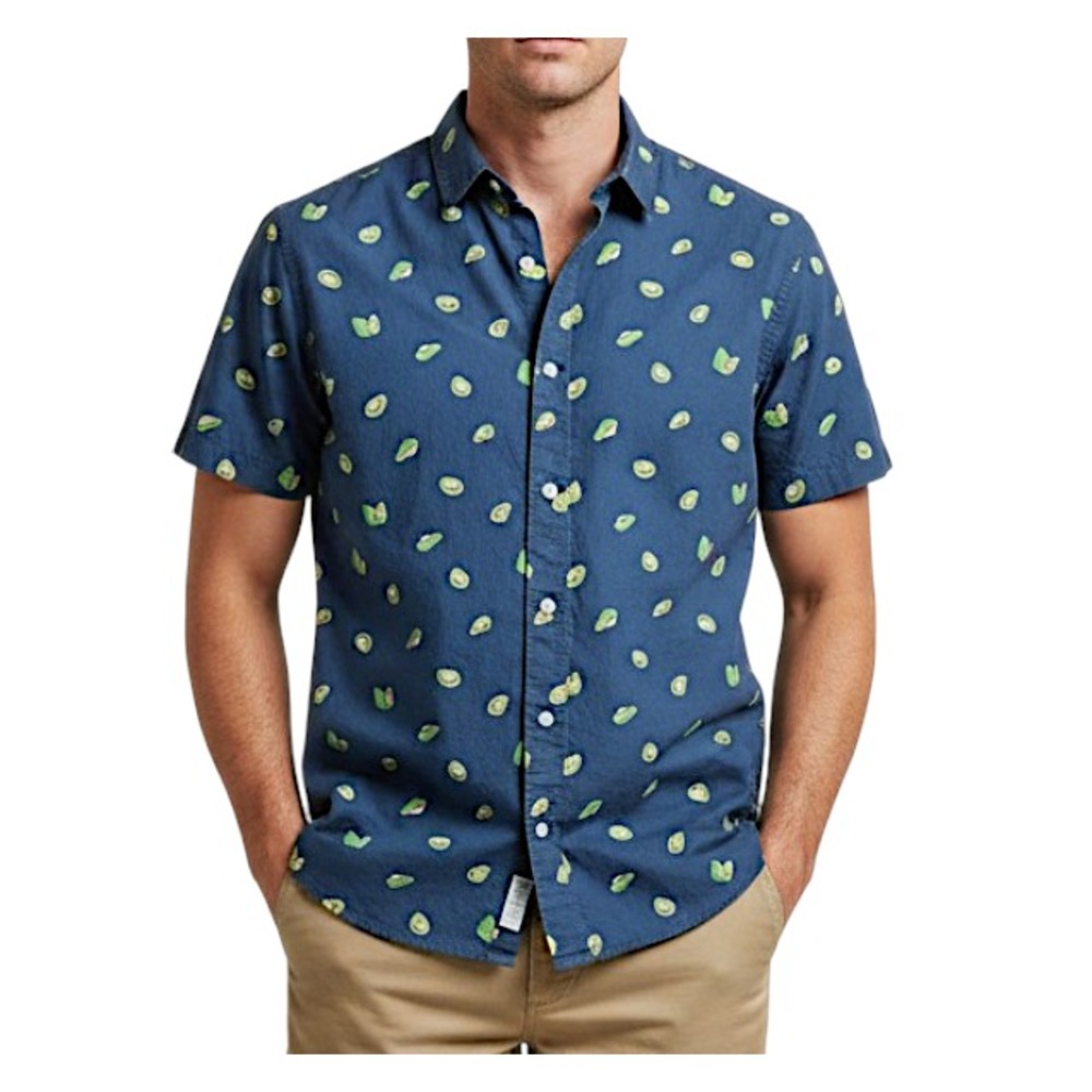 BIXBY NOMAN Button-Up Shirt SLIM FIT All Cotton AVOCADO PRINT Navy Blue SIZE S
